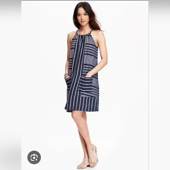 Striped Linen Blend Sleeveless Shift Navy Dress Summer Boho Spring Dress - Picture 1 of 10